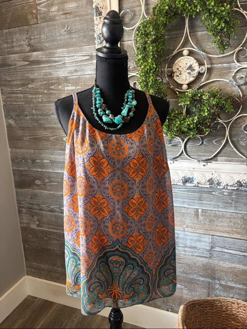 Cabi (Size M) Sleeveless Orange & Teal Patterned Women's Boho Tank Top